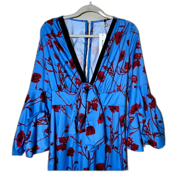 NWT OC Order Plus Blue Red Floral 1970s Jumpsuit Deep Vee M Wide Leg Polyester - Picture 5 of 10